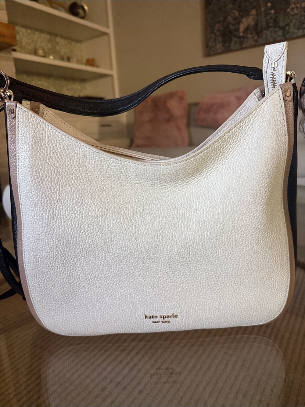 kate spade roulette White Leather Hobo Shoulder Bag with Black Straps